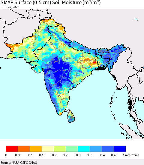 Southern Asia SMAP Surface (0-5 cm) Soil Moisture (m³/m³) Thematic Map For 7/21/2022 - 7/25/2022