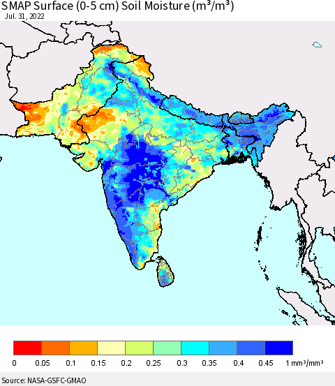 Southern Asia SMAP Surface (0-5 cm) Soil Moisture (m³/m³) Thematic Map For 7/26/2022 - 7/31/2022