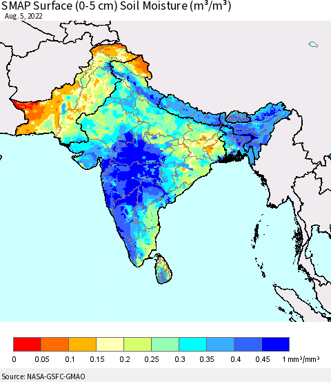 Southern Asia SMAP Surface (0-5 cm) Soil Moisture (m³/m³) Thematic Map For 8/1/2022 - 8/5/2022