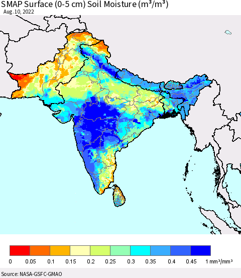 Southern Asia SMAP Surface (0-5 cm) Soil Moisture (m³/m³) Thematic Map For 8/6/2022 - 8/10/2022