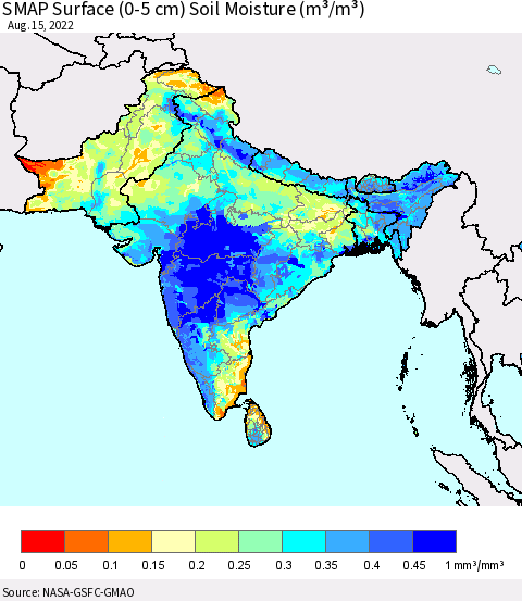 Southern Asia SMAP Surface (0-5 cm) Soil Moisture (m³/m³) Thematic Map For 8/11/2022 - 8/15/2022