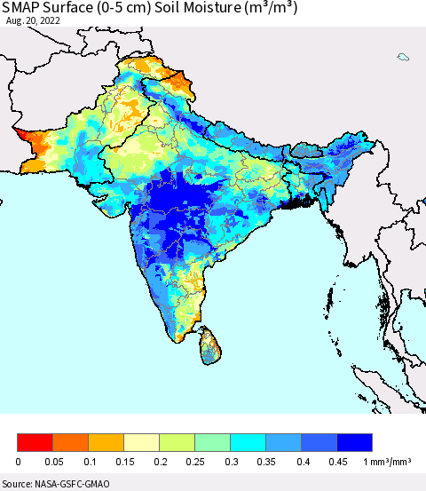 Southern Asia SMAP Surface (0-5 cm) Soil Moisture (m³/m³) Thematic Map For 8/16/2022 - 8/20/2022
