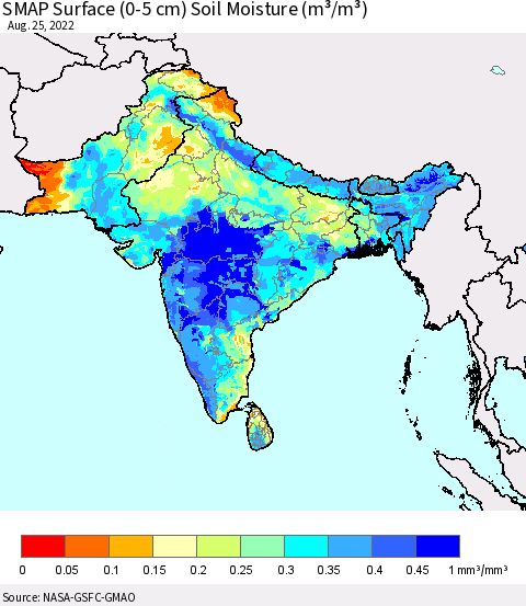 Southern Asia SMAP Surface (0-5 cm) Soil Moisture (m³/m³) Thematic Map For 8/21/2022 - 8/25/2022