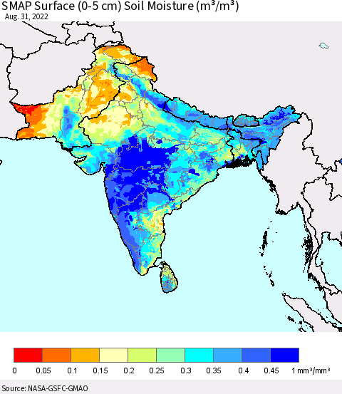 Southern Asia SMAP Surface (0-5 cm) Soil Moisture (m³/m³) Thematic Map For 8/26/2022 - 8/31/2022
