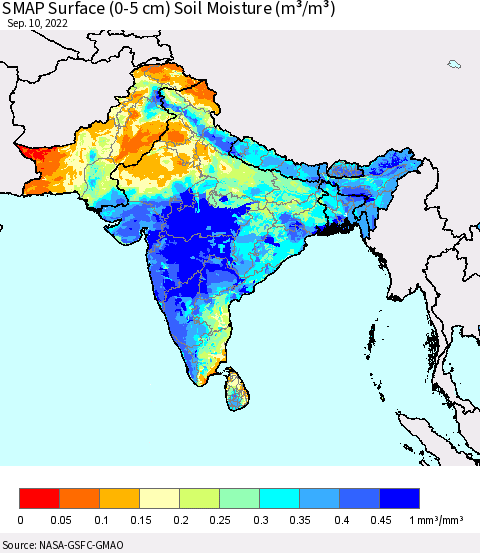 Southern Asia SMAP Surface (0-5 cm) Soil Moisture (m³/m³) Thematic Map For 9/6/2022 - 9/10/2022