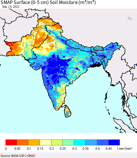 Southern Asia SMAP Surface (0-5 cm) Soil Moisture (m³/m³) Thematic Map For 9/11/2022 - 9/15/2022