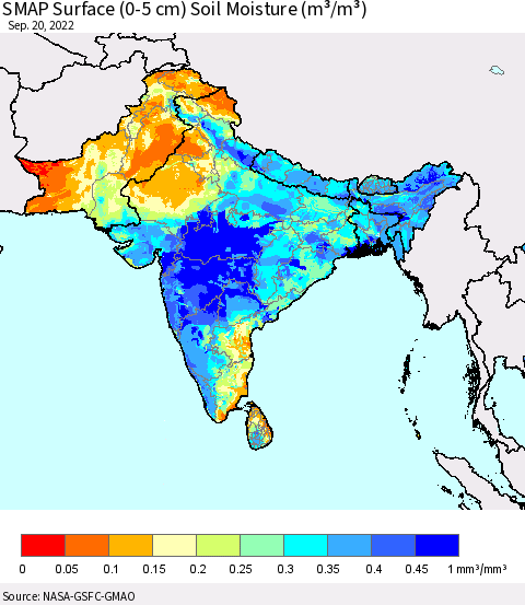 Southern Asia SMAP Surface (0-5 cm) Soil Moisture (m³/m³) Thematic Map For 9/16/2022 - 9/20/2022