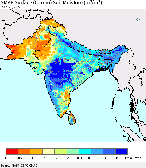 Southern Asia SMAP Surface (0-5 cm) Soil Moisture (m³/m³) Thematic Map For 9/21/2022 - 9/25/2022