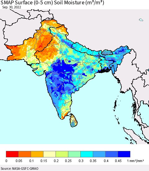 Southern Asia SMAP Surface (0-5 cm) Soil Moisture (m³/m³) Thematic Map For 9/26/2022 - 9/30/2022