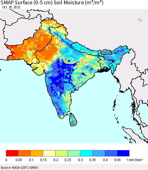 Southern Asia SMAP Surface (0-5 cm) Soil Moisture (m³/m³) Thematic Map For 10/16/2022 - 10/20/2022