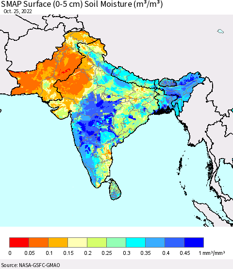 Southern Asia SMAP Surface (0-5 cm) Soil Moisture (m³/m³) Thematic Map For 10/21/2022 - 10/25/2022