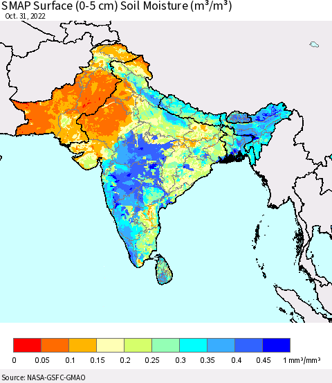 Southern Asia SMAP Surface (0-5 cm) Soil Moisture (m³/m³) Thematic Map For 10/26/2022 - 10/31/2022