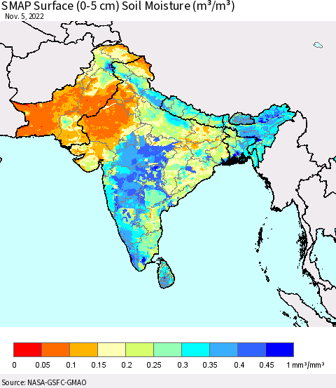 Southern Asia SMAP Surface (0-5 cm) Soil Moisture (m³/m³) Thematic Map For 11/1/2022 - 11/5/2022