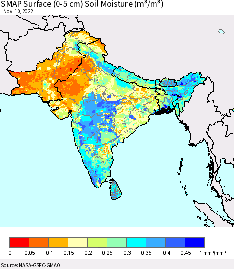 Southern Asia SMAP Surface (0-5 cm) Soil Moisture (m³/m³) Thematic Map For 11/6/2022 - 11/10/2022