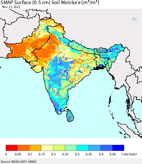 Southern Asia SMAP Surface (0-5 cm) Soil Moisture (m³/m³) Thematic Map For 11/11/2022 - 11/15/2022