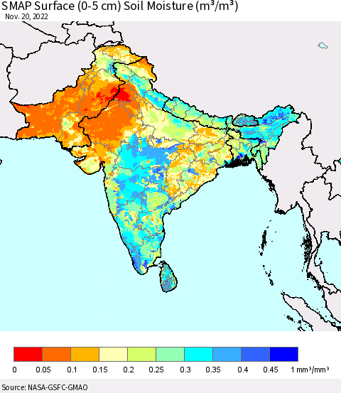Southern Asia SMAP Surface (0-5 cm) Soil Moisture (m³/m³) Thematic Map For 11/16/2022 - 11/20/2022