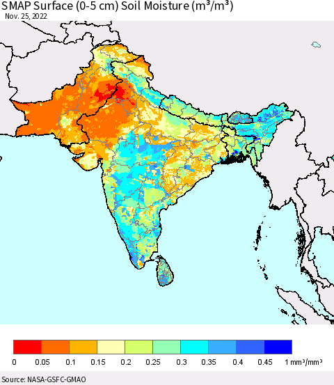 Southern Asia SMAP Surface (0-5 cm) Soil Moisture (m³/m³) Thematic Map For 11/21/2022 - 11/25/2022