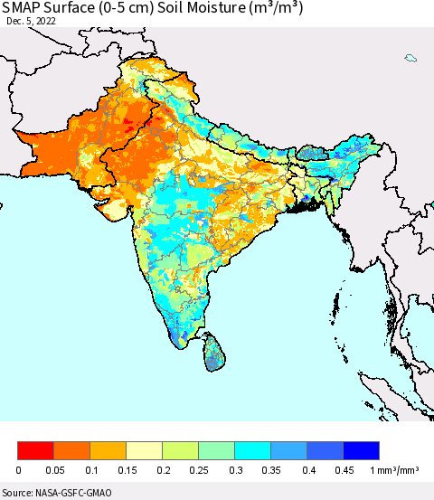 Southern Asia SMAP Surface (0-5 cm) Soil Moisture (m³/m³) Thematic Map For 12/1/2022 - 12/5/2022