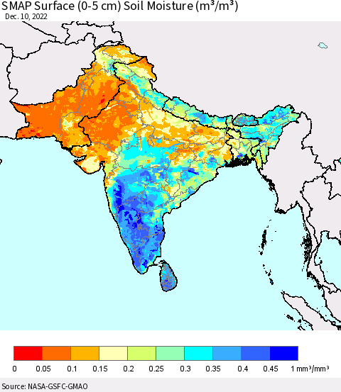 Southern Asia SMAP Surface (0-5 cm) Soil Moisture (m³/m³) Thematic Map For 12/6/2022 - 12/10/2022