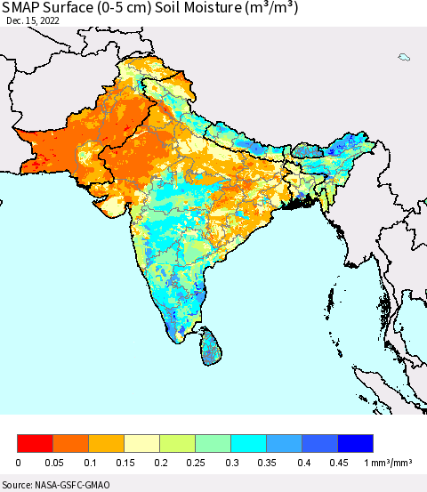 Southern Asia SMAP Surface (0-5 cm) Soil Moisture (m³/m³) Thematic Map For 12/11/2022 - 12/15/2022