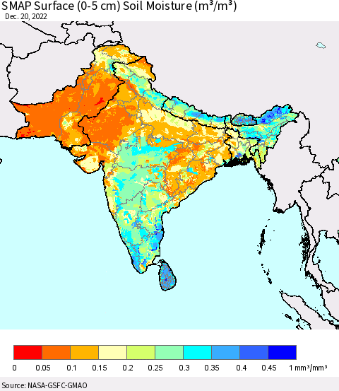 Southern Asia SMAP Surface (0-5 cm) Soil Moisture (m³/m³) Thematic Map For 12/16/2022 - 12/20/2022