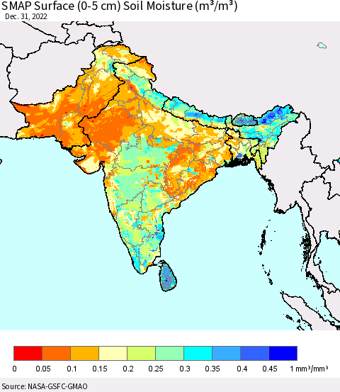 Southern Asia SMAP Surface (0-5 cm) Soil Moisture (m³/m³) Thematic Map For 12/26/2022 - 12/31/2022