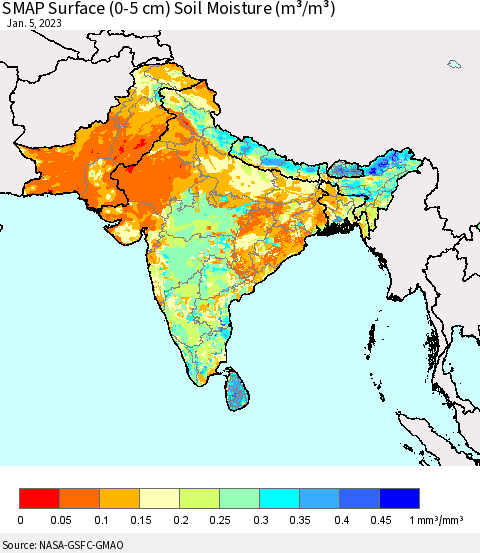 Southern Asia SMAP Surface (0-5 cm) Soil Moisture (m³/m³) Thematic Map For 1/1/2023 - 1/5/2023