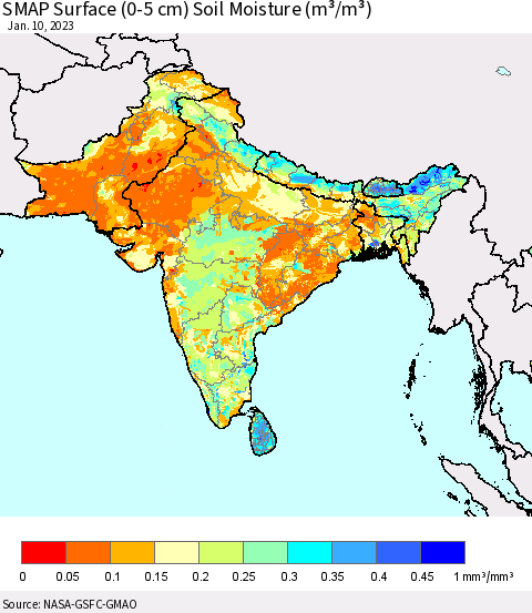 Southern Asia SMAP Surface (0-5 cm) Soil Moisture (m³/m³) Thematic Map For 1/6/2023 - 1/10/2023