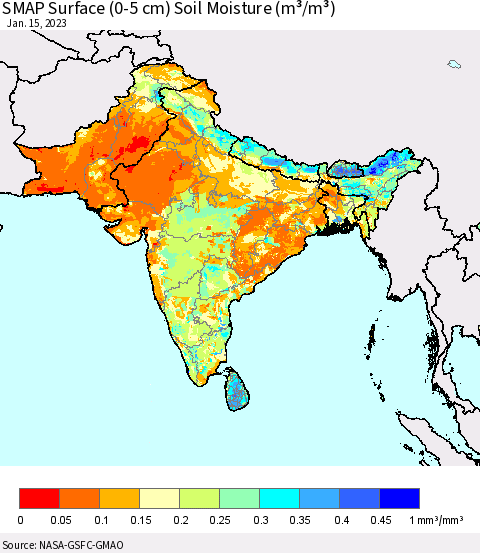 Southern Asia SMAP Surface (0-5 cm) Soil Moisture (m³/m³) Thematic Map For 1/11/2023 - 1/15/2023