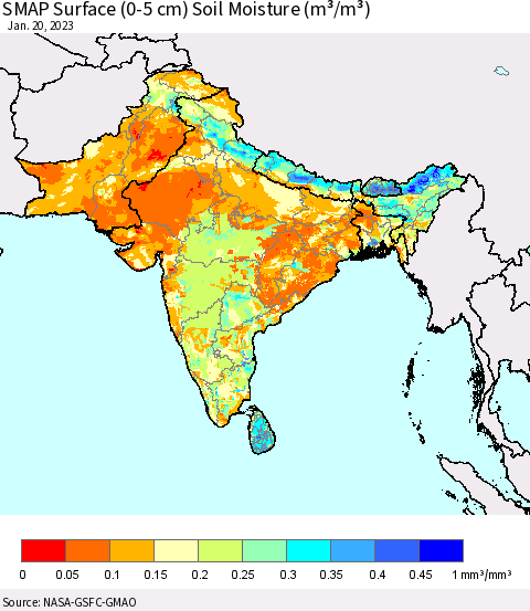 Southern Asia SMAP Surface (0-5 cm) Soil Moisture (m³/m³) Thematic Map For 1/16/2023 - 1/20/2023