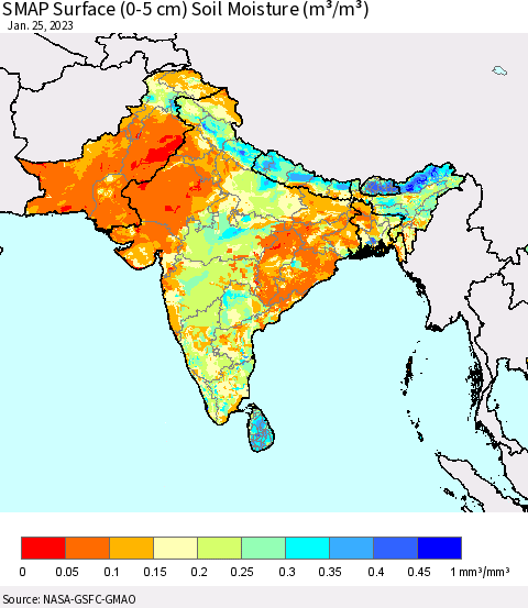 Southern Asia SMAP Surface (0-5 cm) Soil Moisture (m³/m³) Thematic Map For 1/21/2023 - 1/25/2023