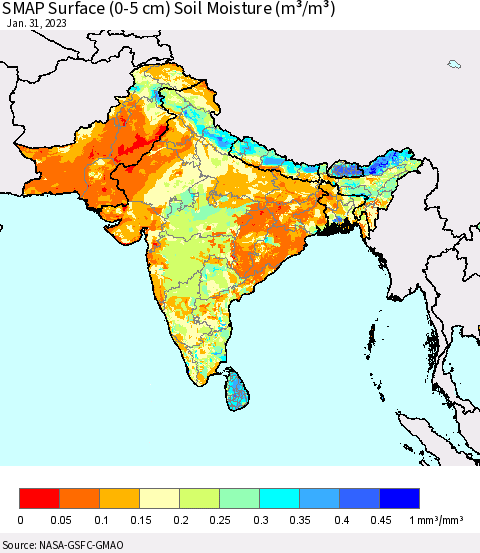 Southern Asia SMAP Surface (0-5 cm) Soil Moisture (m³/m³) Thematic Map For 1/26/2023 - 1/31/2023