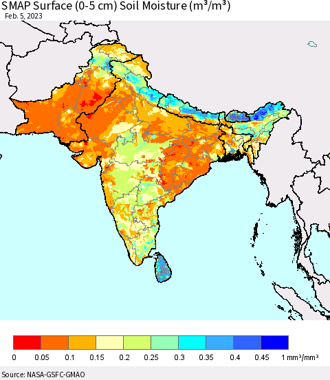 Southern Asia SMAP Surface (0-5 cm) Soil Moisture (m³/m³) Thematic Map For 2/1/2023 - 2/5/2023