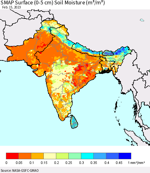 Southern Asia SMAP Surface (0-5 cm) Soil Moisture (m³/m³) Thematic Map For 2/11/2023 - 2/15/2023