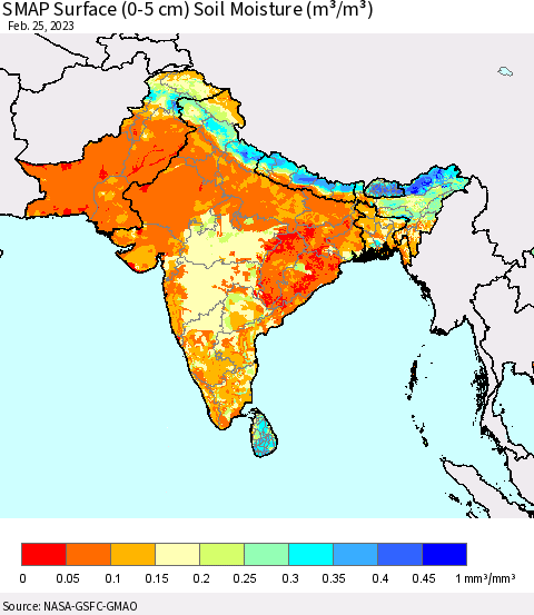 Southern Asia SMAP Surface (0-5 cm) Soil Moisture (m³/m³) Thematic Map For 2/21/2023 - 2/25/2023