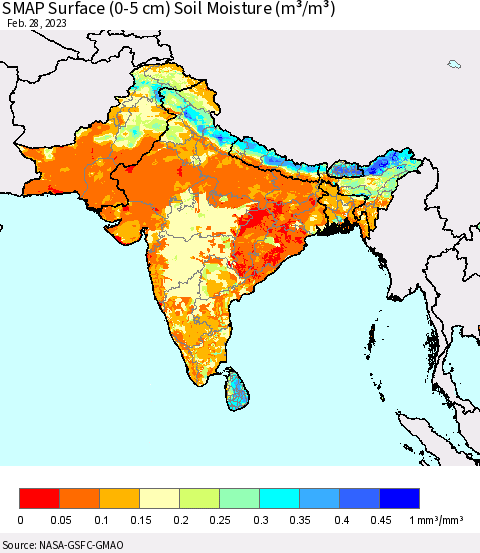 Southern Asia SMAP Surface (0-5 cm) Soil Moisture (m³/m³) Thematic Map For 2/26/2023 - 2/28/2023
