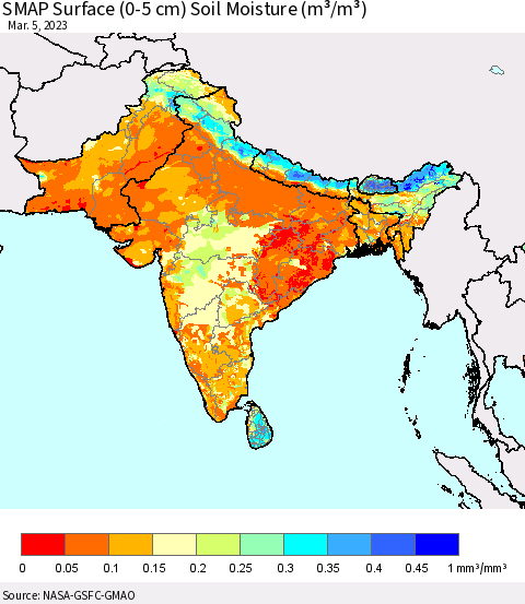 Southern Asia SMAP Surface (0-5 cm) Soil Moisture (m³/m³) Thematic Map For 3/1/2023 - 3/5/2023
