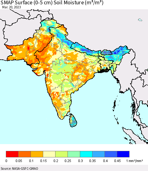 Southern Asia SMAP Surface (0-5 cm) Soil Moisture (m³/m³) Thematic Map For 3/16/2023 - 3/20/2023