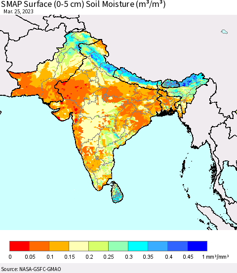 Southern Asia SMAP Surface (0-5 cm) Soil Moisture (m³/m³) Thematic Map For 3/21/2023 - 3/25/2023