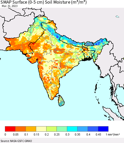 Southern Asia SMAP Surface (0-5 cm) Soil Moisture (m³/m³) Thematic Map For 3/26/2023 - 3/31/2023
