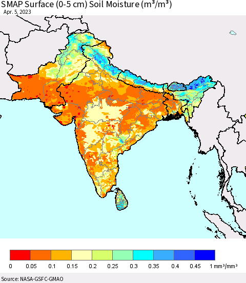 Southern Asia SMAP Surface (0-5 cm) Soil Moisture (m³/m³) Thematic Map For 4/1/2023 - 4/5/2023