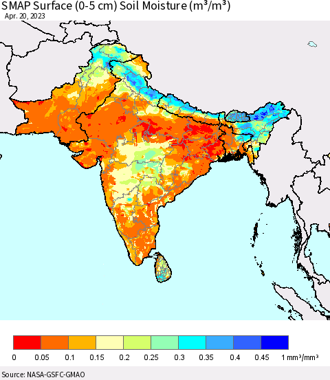 Southern Asia SMAP Surface (0-5 cm) Soil Moisture (m³/m³) Thematic Map For 4/16/2023 - 4/20/2023