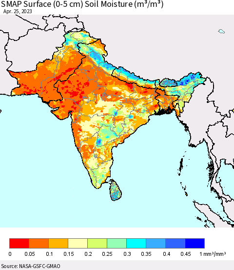 Southern Asia SMAP Surface (0-5 cm) Soil Moisture (m³/m³) Thematic Map For 4/21/2023 - 4/25/2023