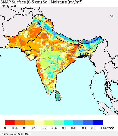 Southern Asia SMAP Surface (0-5 cm) Soil Moisture (m³/m³) Thematic Map For 4/26/2023 - 4/30/2023