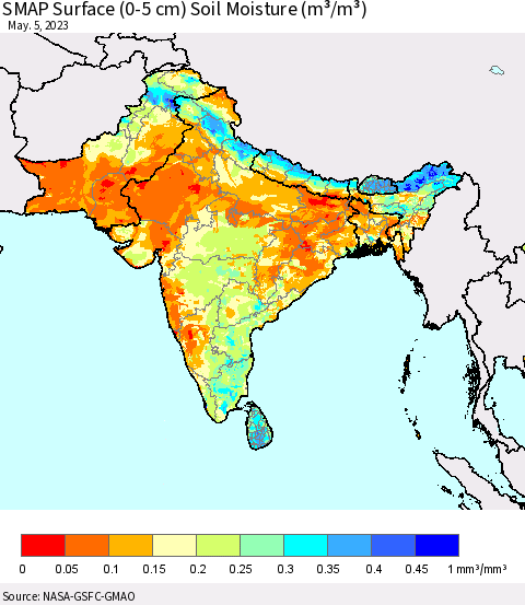 Southern Asia SMAP Surface (0-5 cm) Soil Moisture (m³/m³) Thematic Map For 5/1/2023 - 5/5/2023