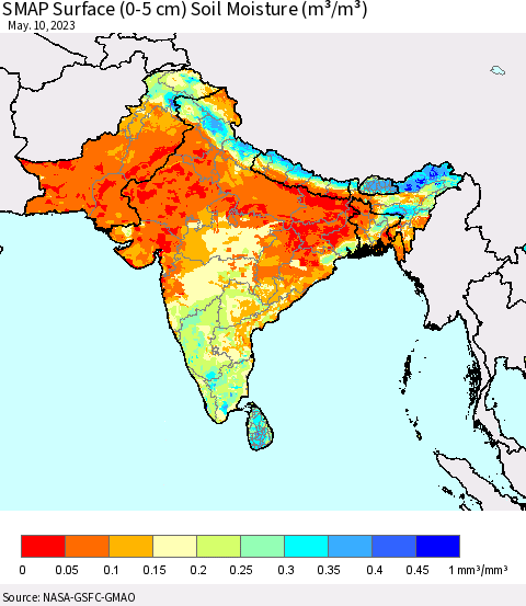 Southern Asia SMAP Surface (0-5 cm) Soil Moisture (m³/m³) Thematic Map For 5/6/2023 - 5/10/2023