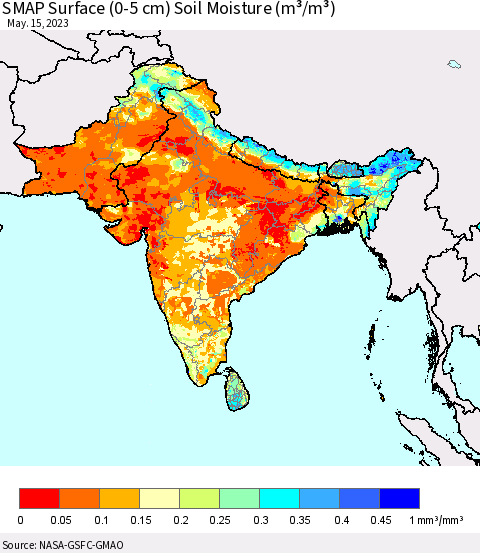 Southern Asia SMAP Surface (0-5 cm) Soil Moisture (m³/m³) Thematic Map For 5/11/2023 - 5/15/2023