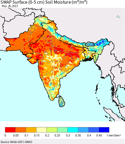 Southern Asia SMAP Surface (0-5 cm) Soil Moisture (m³/m³) Thematic Map For 5/16/2023 - 5/20/2023