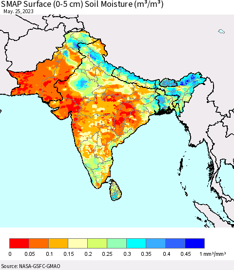 Southern Asia SMAP Surface (0-5 cm) Soil Moisture (m³/m³) Thematic Map For 5/21/2023 - 5/25/2023