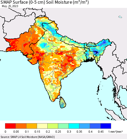 Southern Asia SMAP Surface (0-5 cm) Soil Moisture (m³/m³) Thematic Map For 5/21/2023 - 5/25/2023